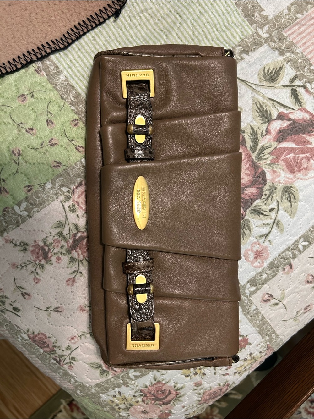 Brahmin Taupe Leather Fold-Over Clutch with Gold Hardware